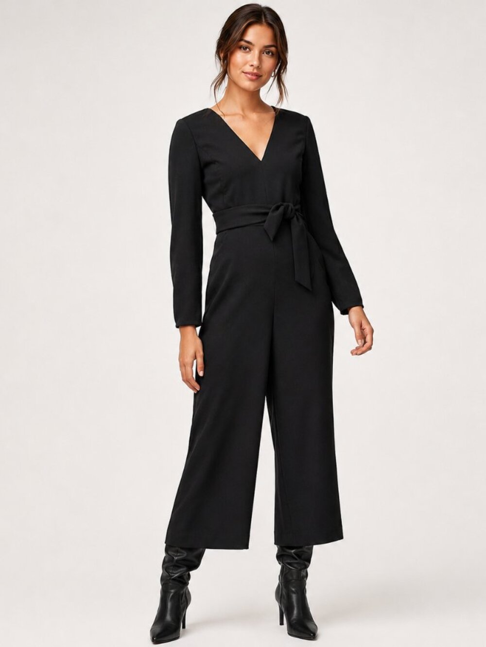 Aritzia Wilfred Ecoulement Jumpsuit Long Sleeve V Neck Tie Black Size 10